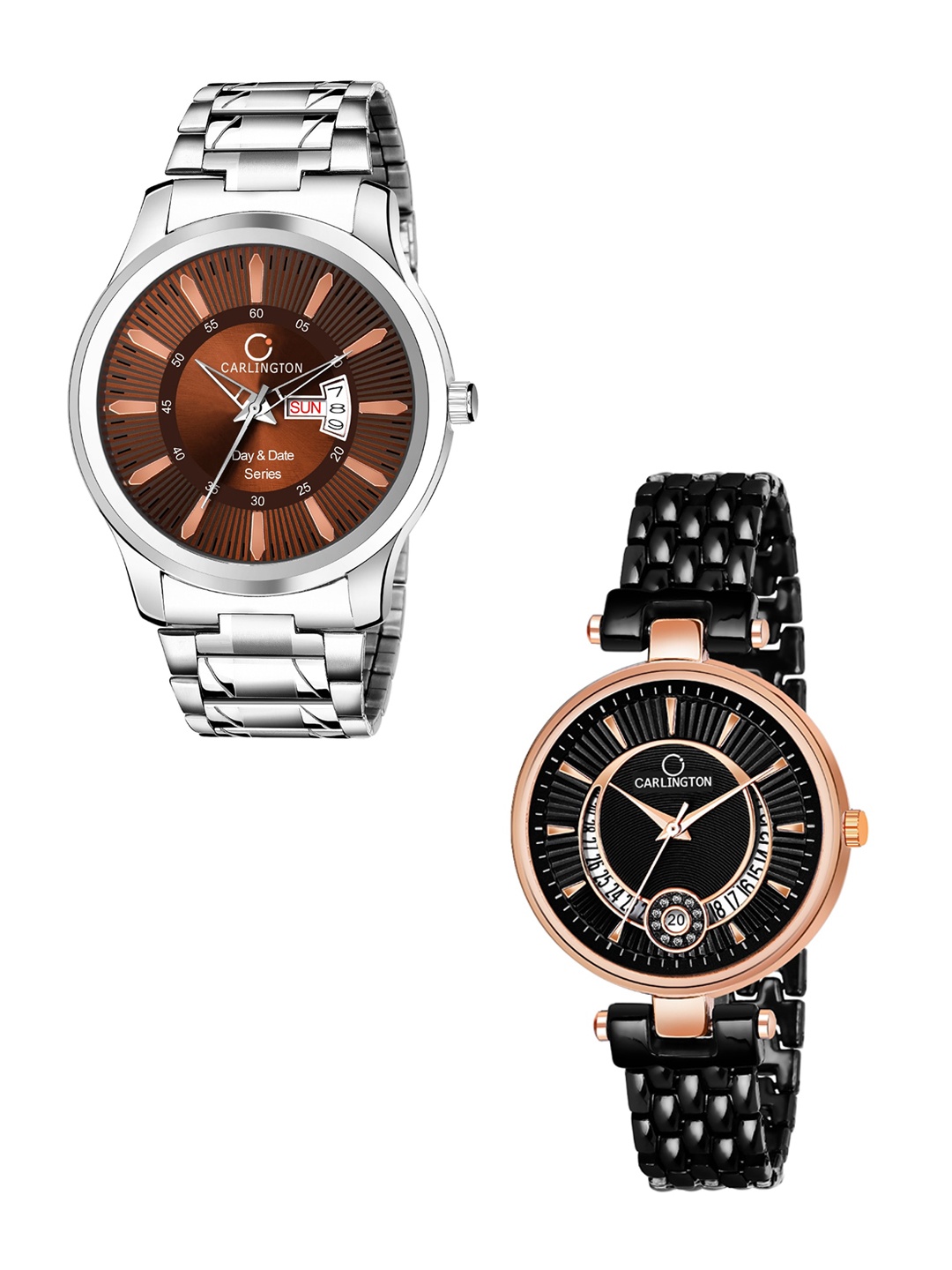 CARLINGTON Unisex HIs & Her Gift Set Combo G-01 Analogue Watches, Brown