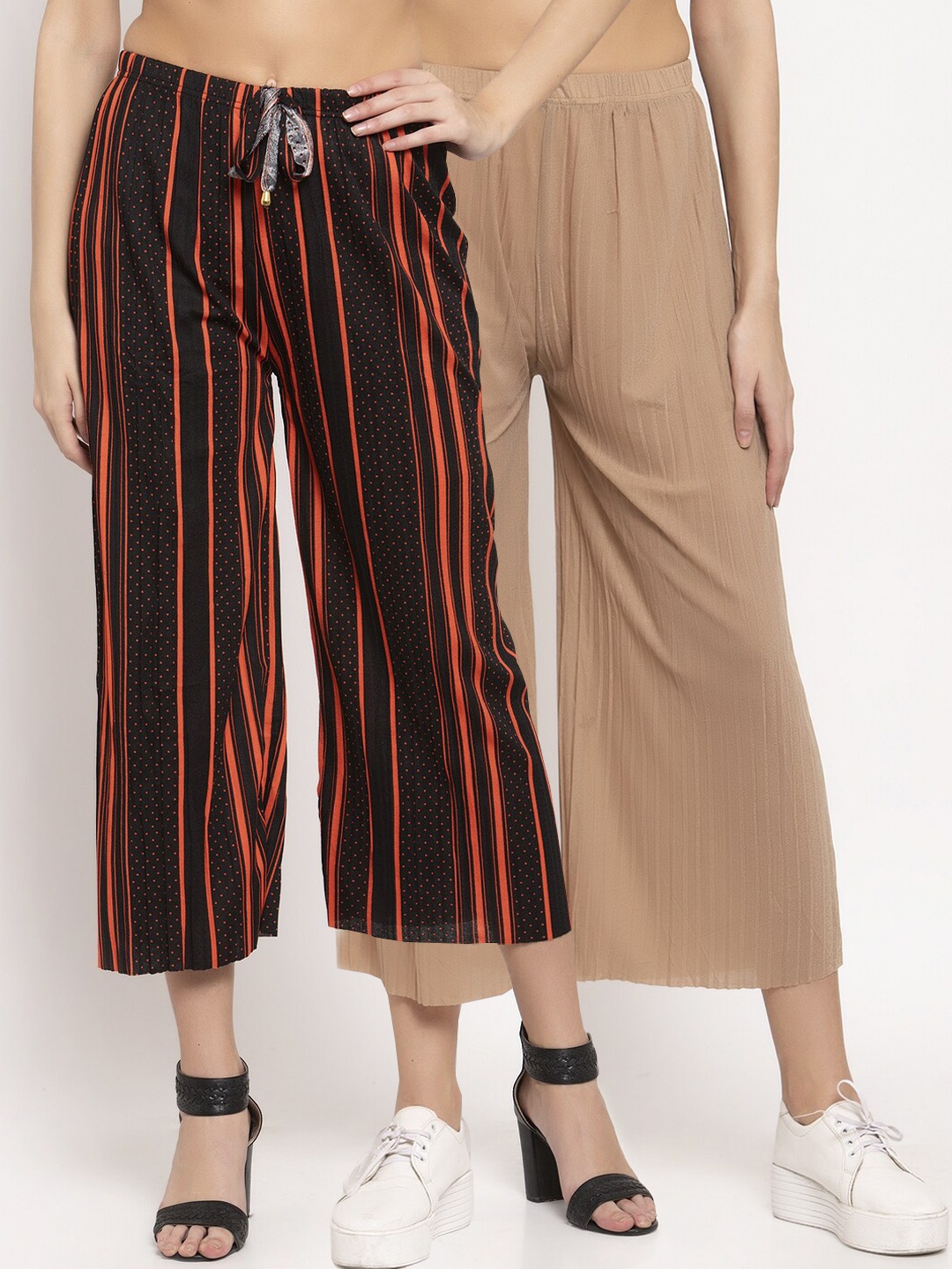 KLOTTHE Women Pack Of 2 Beige & Black Wide Leg Palazzos
