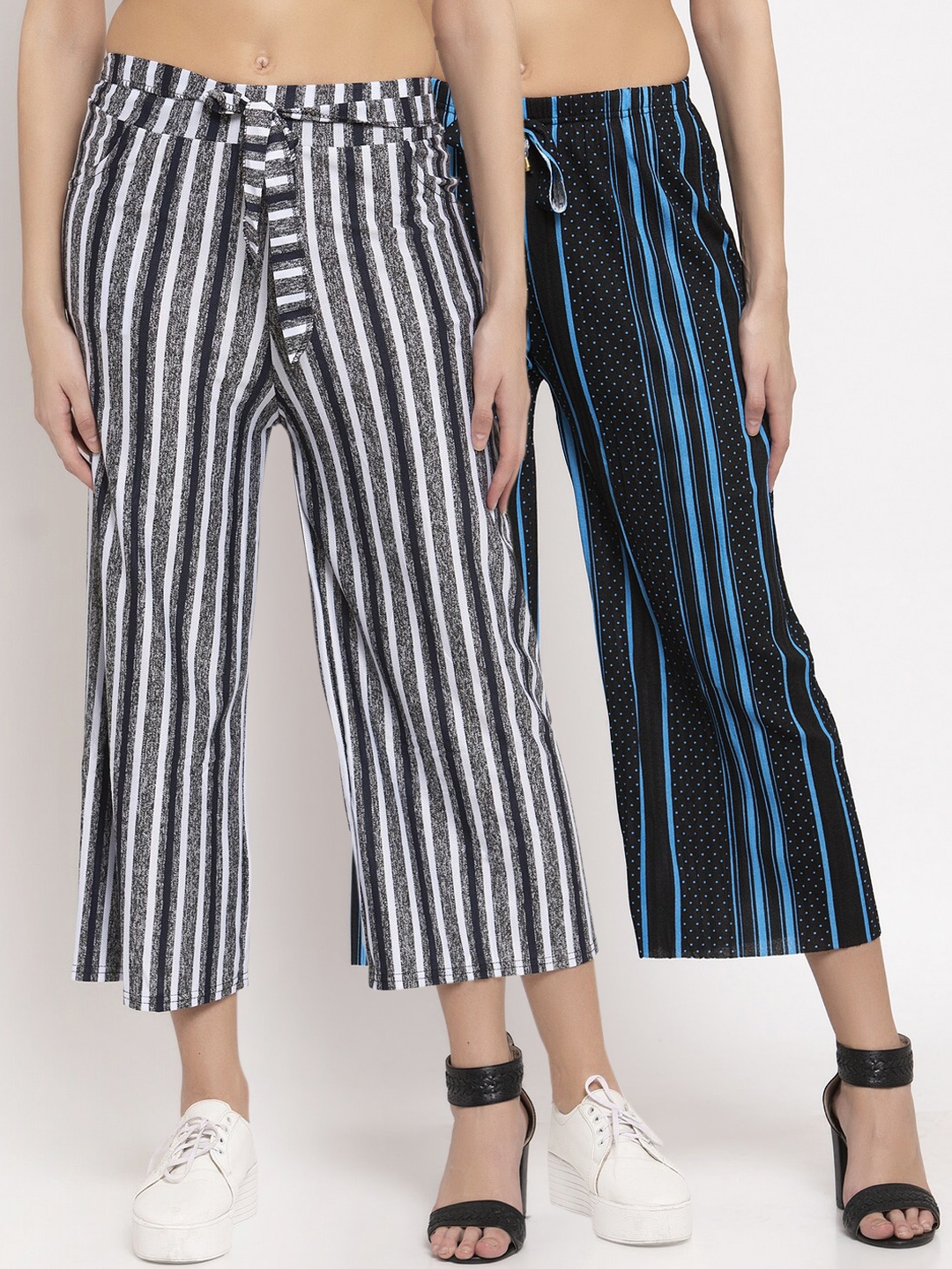 KLOTTHE Women Pack of 2 Striped Wide Leg Palazzos, Black
