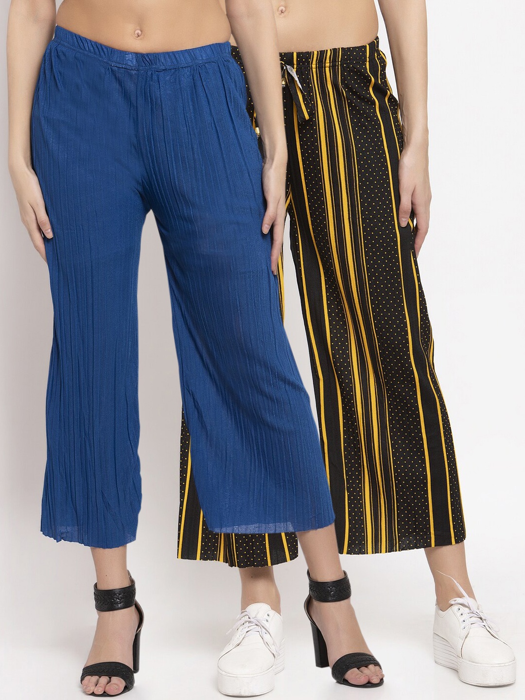 KLOTTHE Women Pack of 2 Blue & Black Striped Wide Leg Palazzos