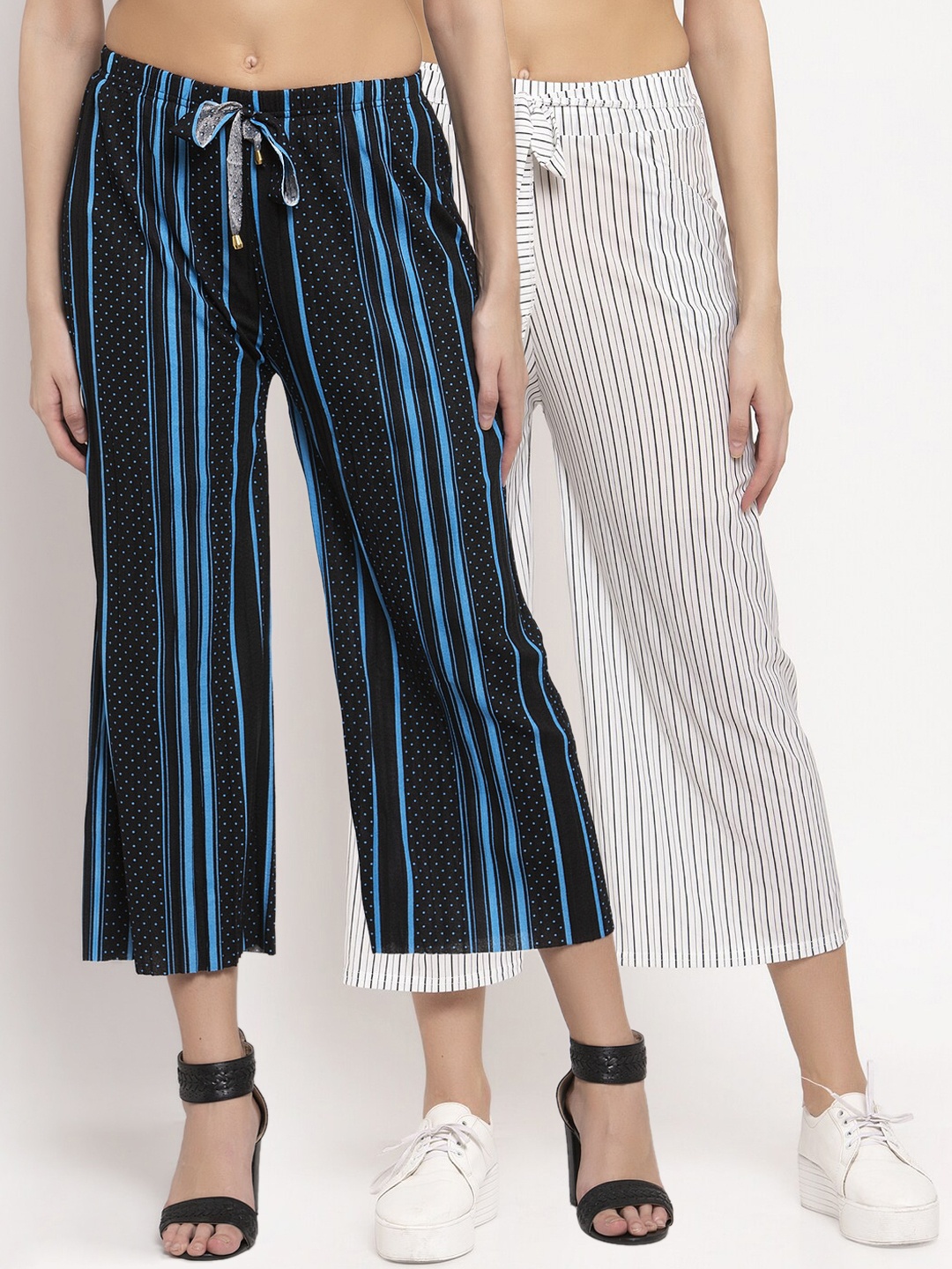 KLOTTHE Women Pack of 2 Black & White Striped Wide Leg Palazzos