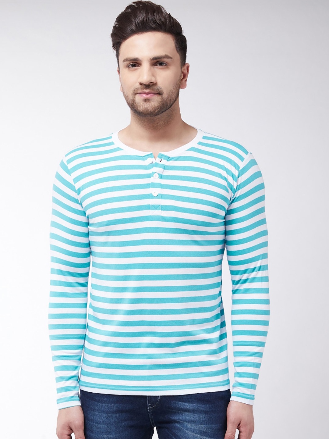GRITSTONES Men Blue Striped Henley Neck T-shirt