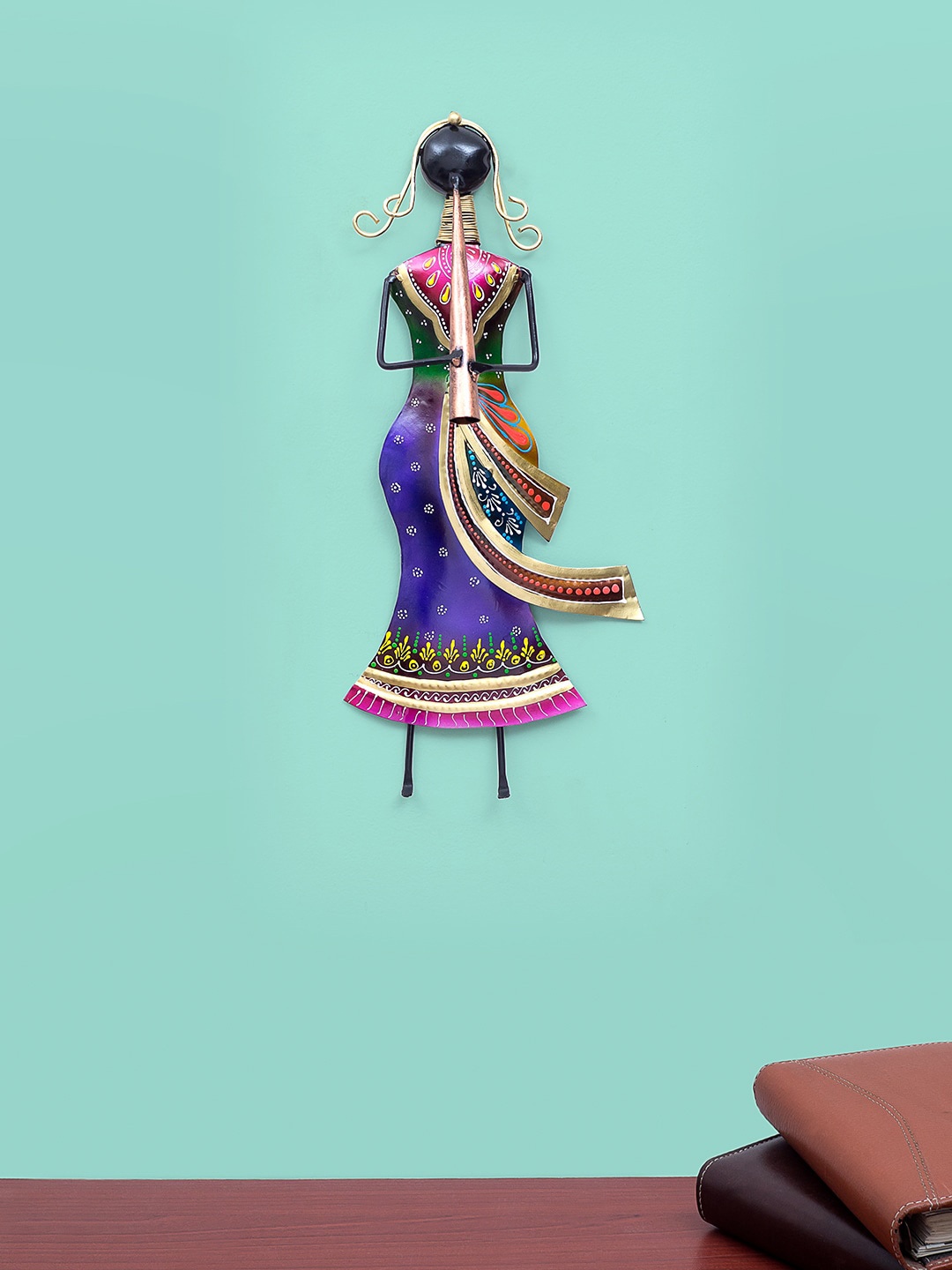 Golden Peacock Purple & Magenta Pink Handcrafted Lady Playing Flute Decorative Sculpture Wall Decor