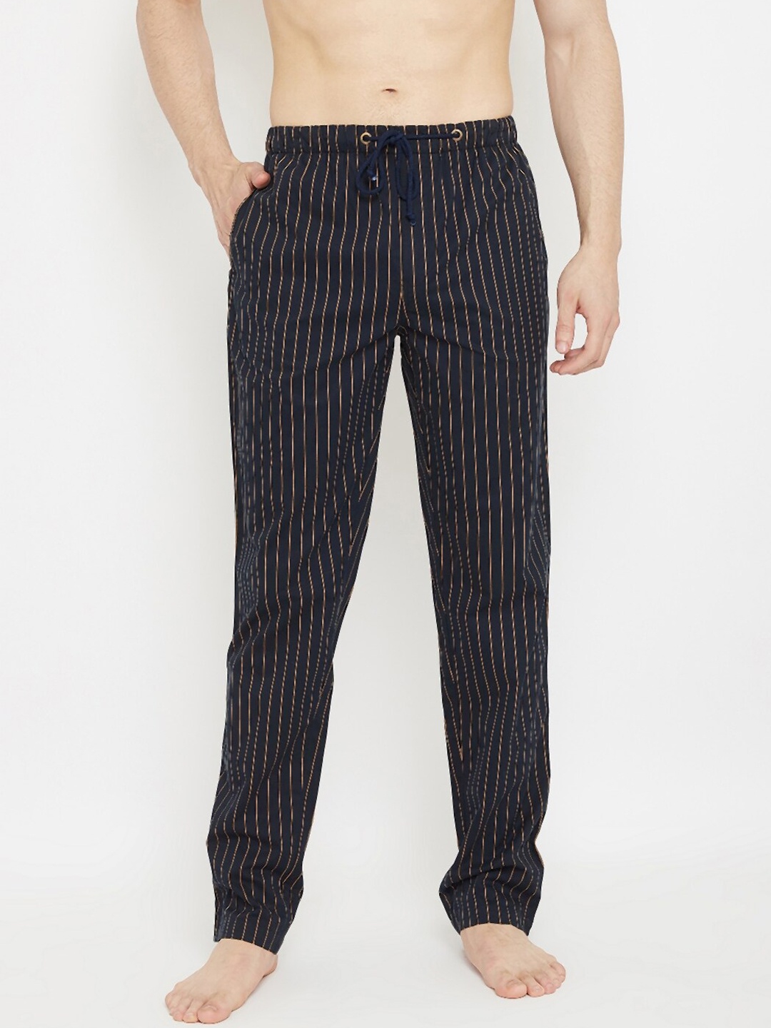 Crimsoune Club Men Navy Blue & Orange Striped Lounge Pants