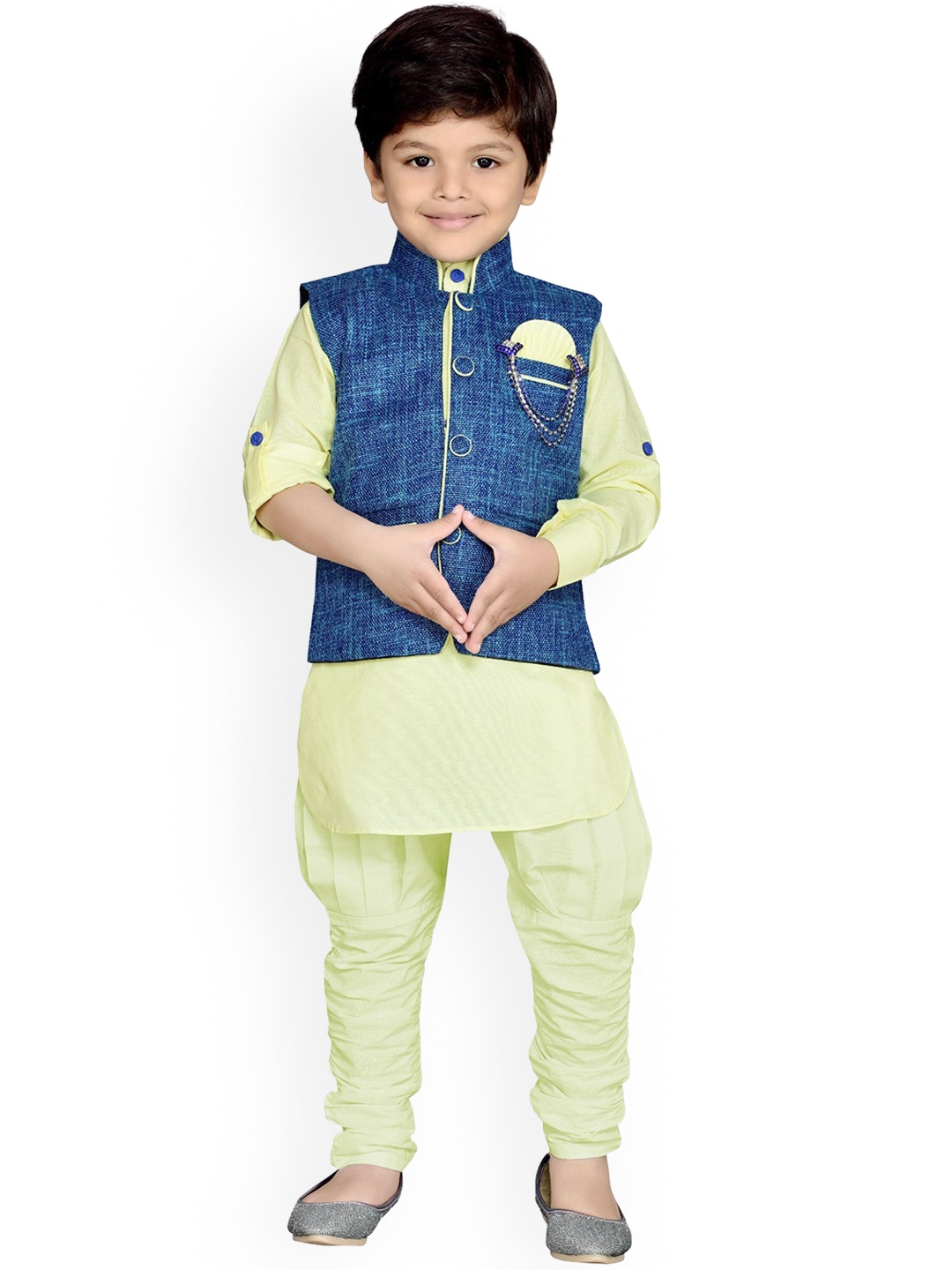 Aj DEZInES Boys Yellow Solid Kurta with Jodhpuri Pants & Nehru Jacket