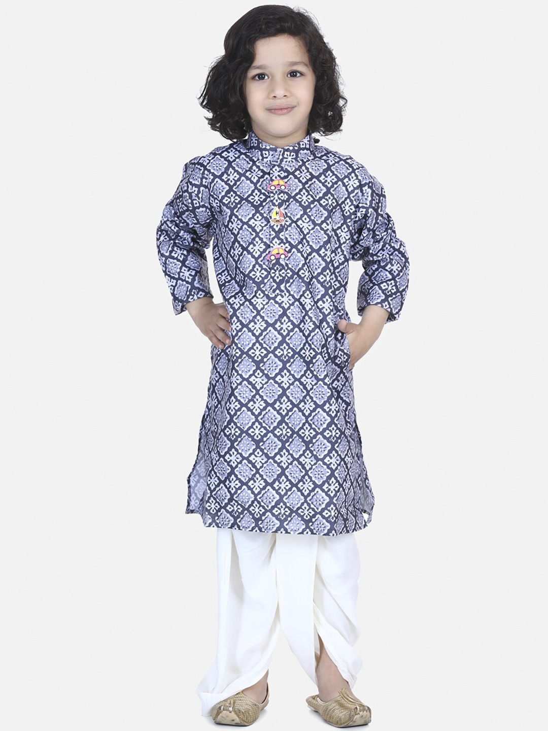LilPicks Boys Navy Blue & White Printed Kurta with Dhoti Pants