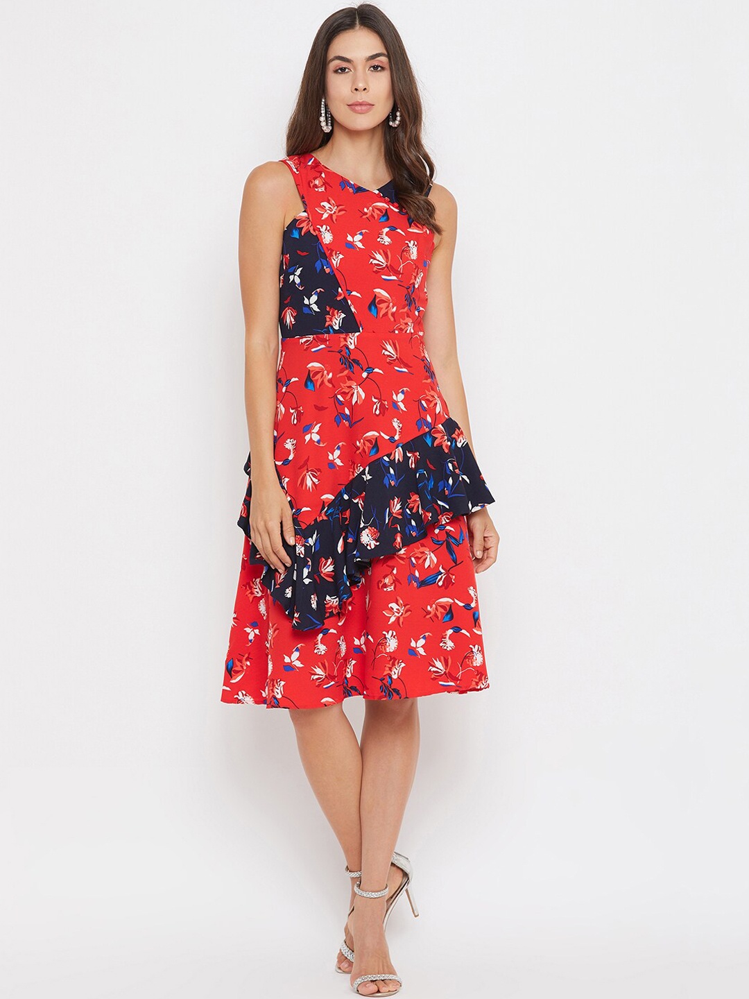 Madame Women Red Printed Fit and Flare Dress