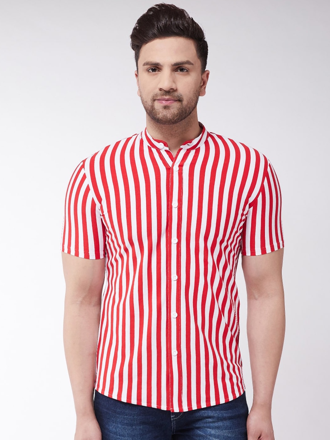 GRITSTONES Men Red & White Regular Fit Striped Casual Shirt