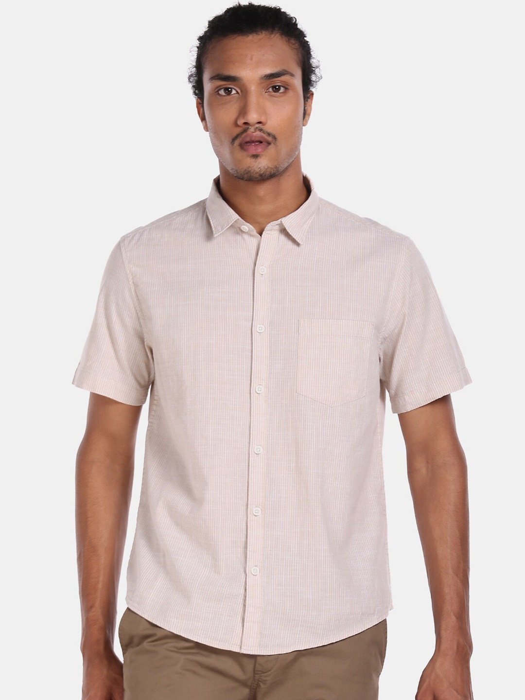 Ruggers Men Beige Regular Fit Striped Casual Shirt