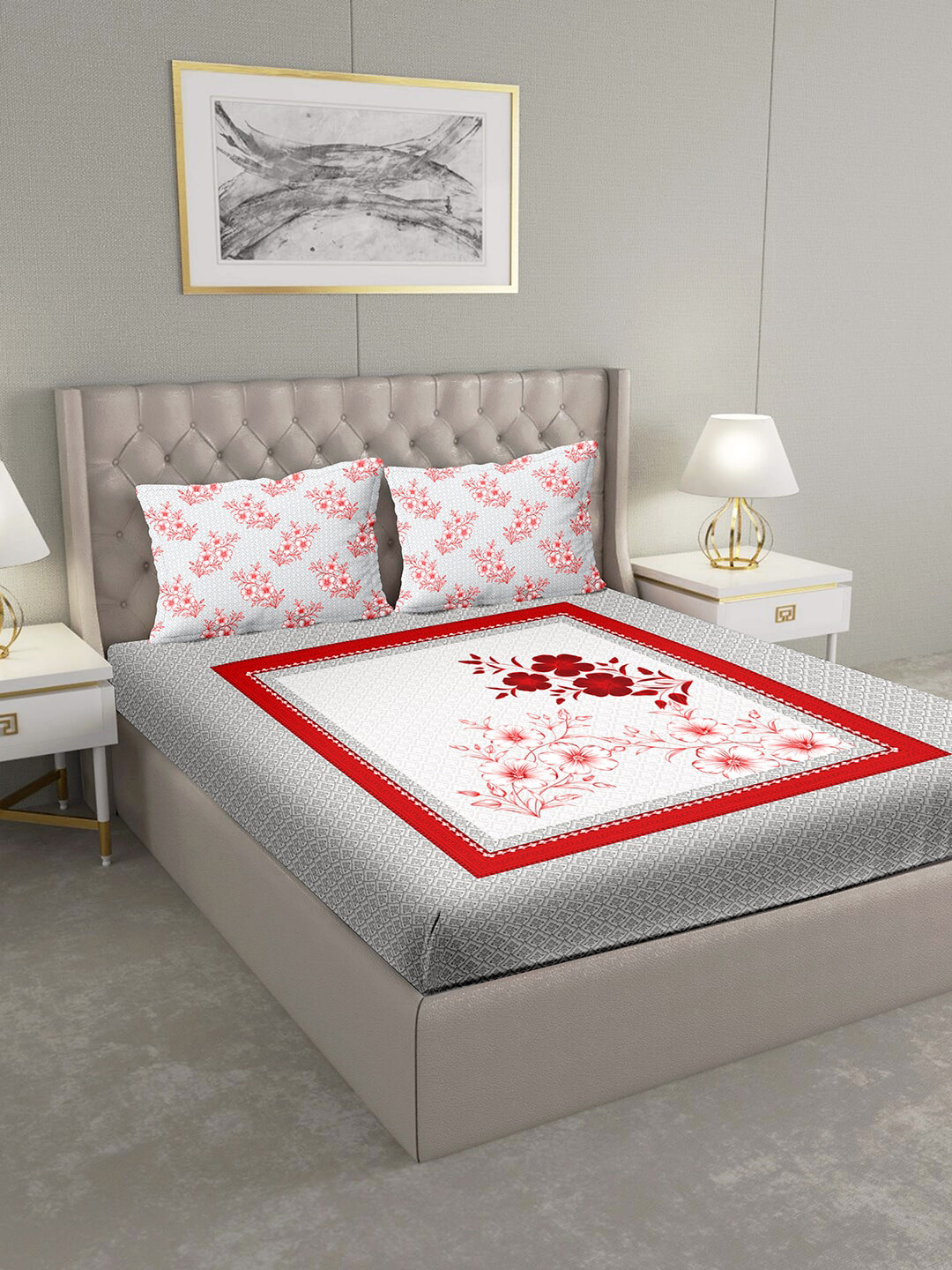 BELLA CASA Grey & Red Floral 124 TC Cotton 1 King Bedsheet with 2 Pillow Covers
BELLA CASA Grey & Red Floral 124 TC Cotton 1 King Bedsheet with 2 Pillow Covers