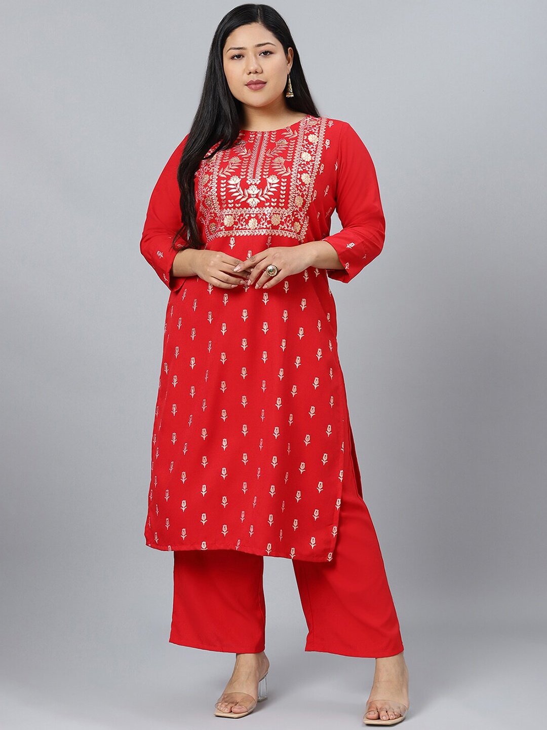 curveZI by Ziyaa Women Red Woven Design Kurta with Palazzos