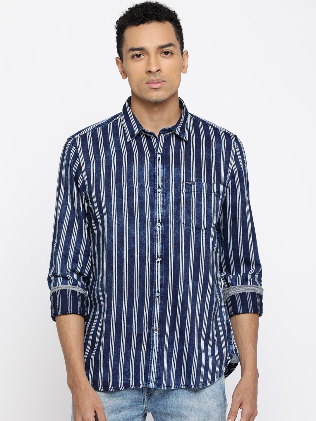 Pepe Jeans Men Navy Blue & White Regular Fit Striped Casual Shirt