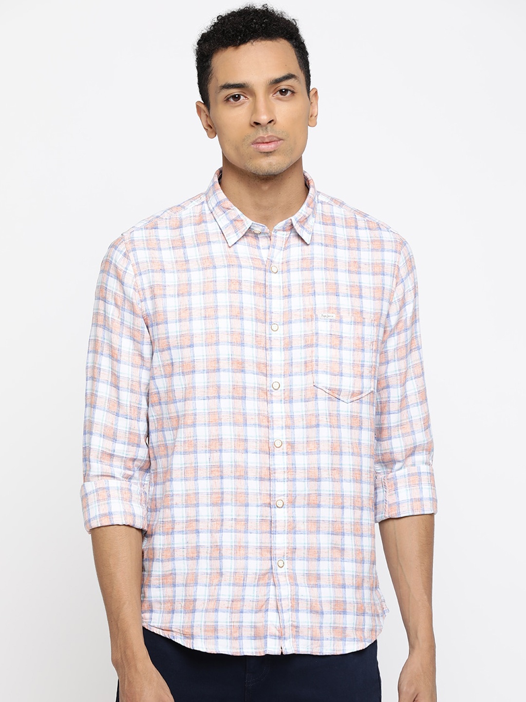 Pepe Jeans Men Orange & White Regular Fit Checked Casual Shirt