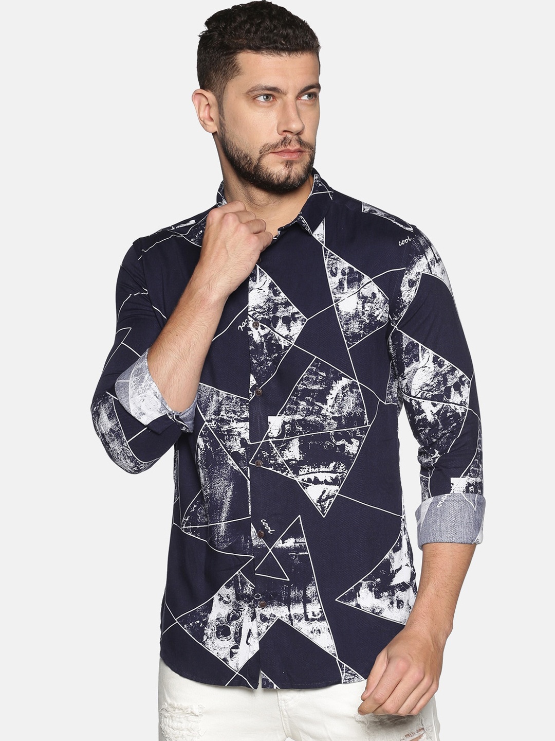 SHOWOFF Men Navy Blue Slim Fit Printed Casual Shirt