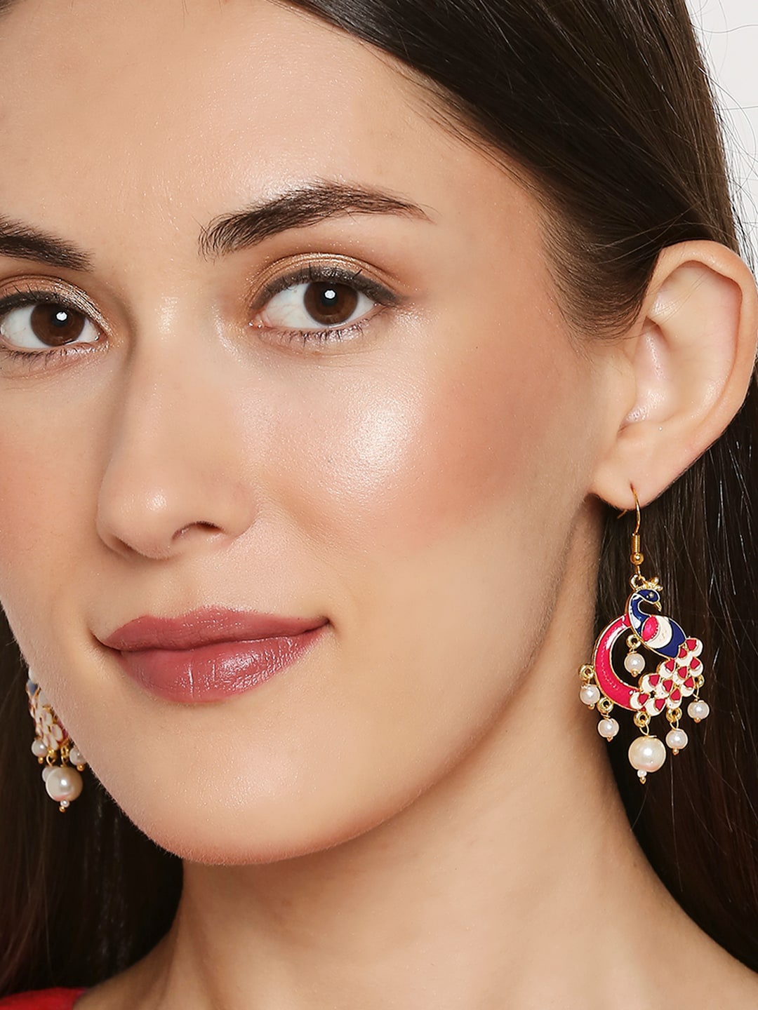 OOMPH Pink & Gold-Toned Peacock Shaped Drop Earrings