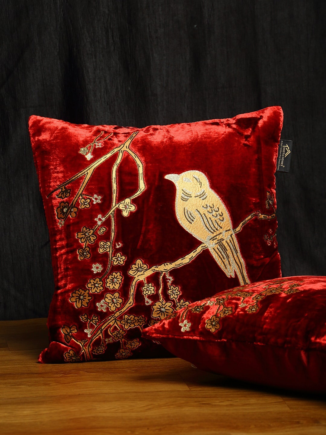 HOSTA HOMES Maroon & Gold-Toned Set of 2 Velvet Square Cushion Covers