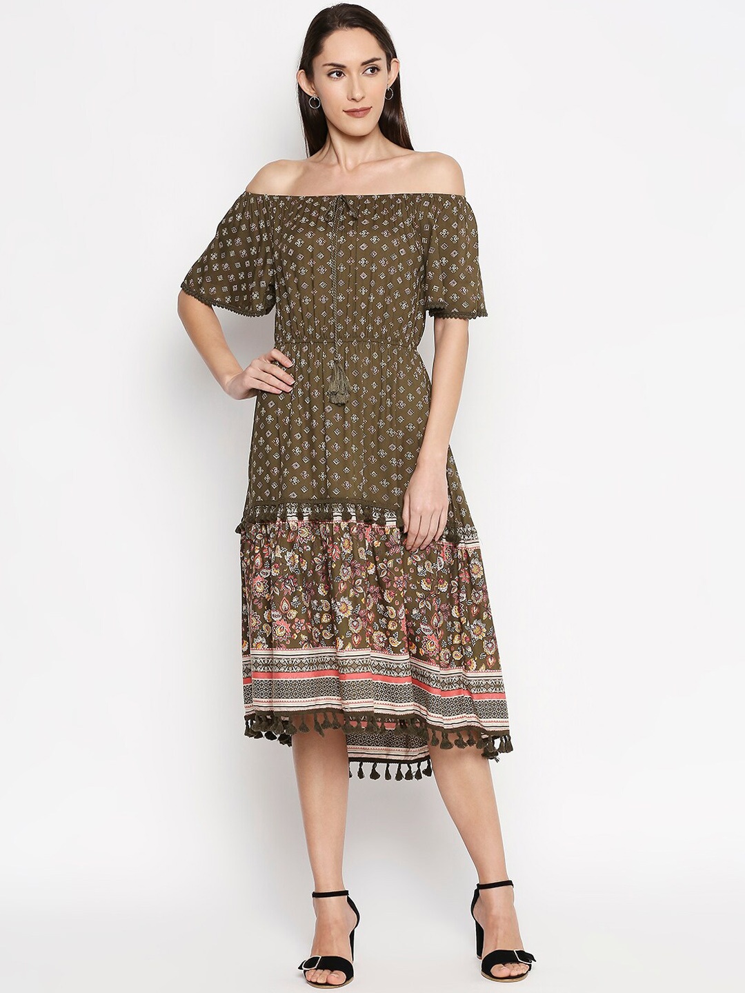 People Women Olive Green Printed Fit and Flare Dress