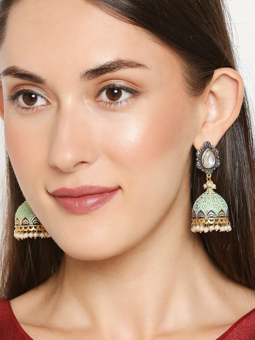 OOMPH Green Green & Blue Contemporary Meenakari Handcrafted Kundan & Pearls Jhumkas