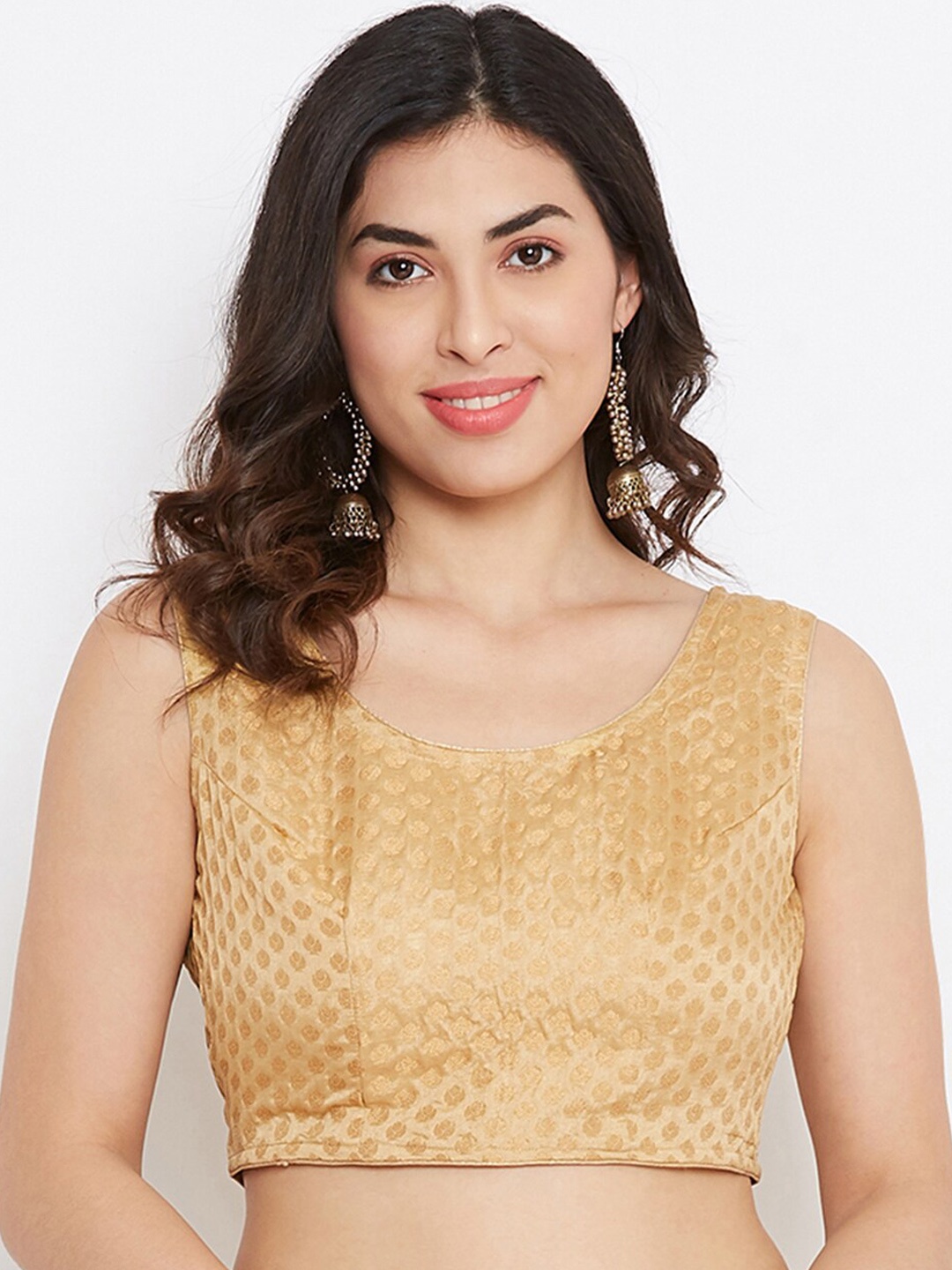 TULIP 21 Women Beige & Gold-Coloured Woven-Design Silk Saree Blouse