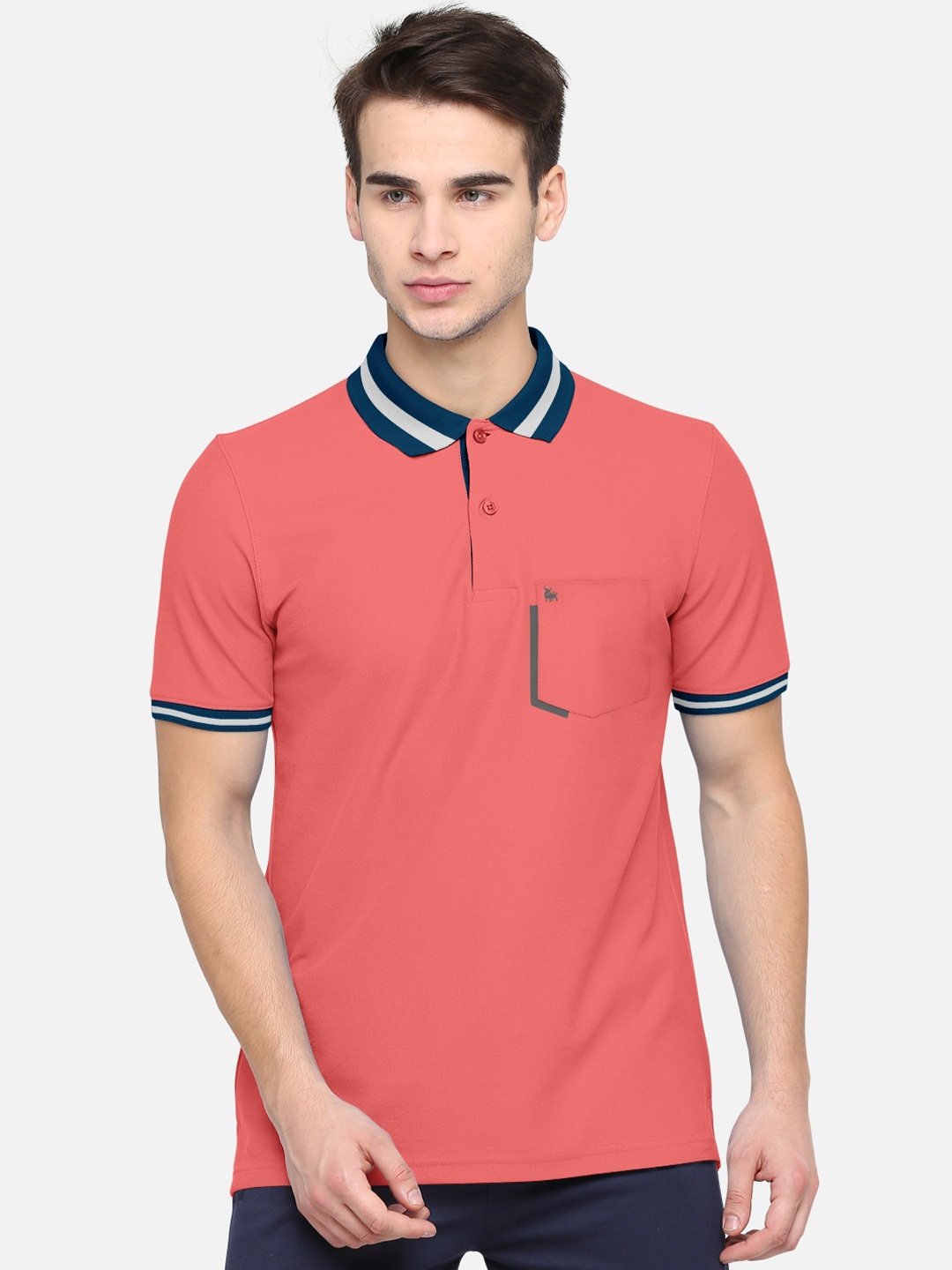 BULLMER Men Coral & Navy Blue Polo Collar T-shirt