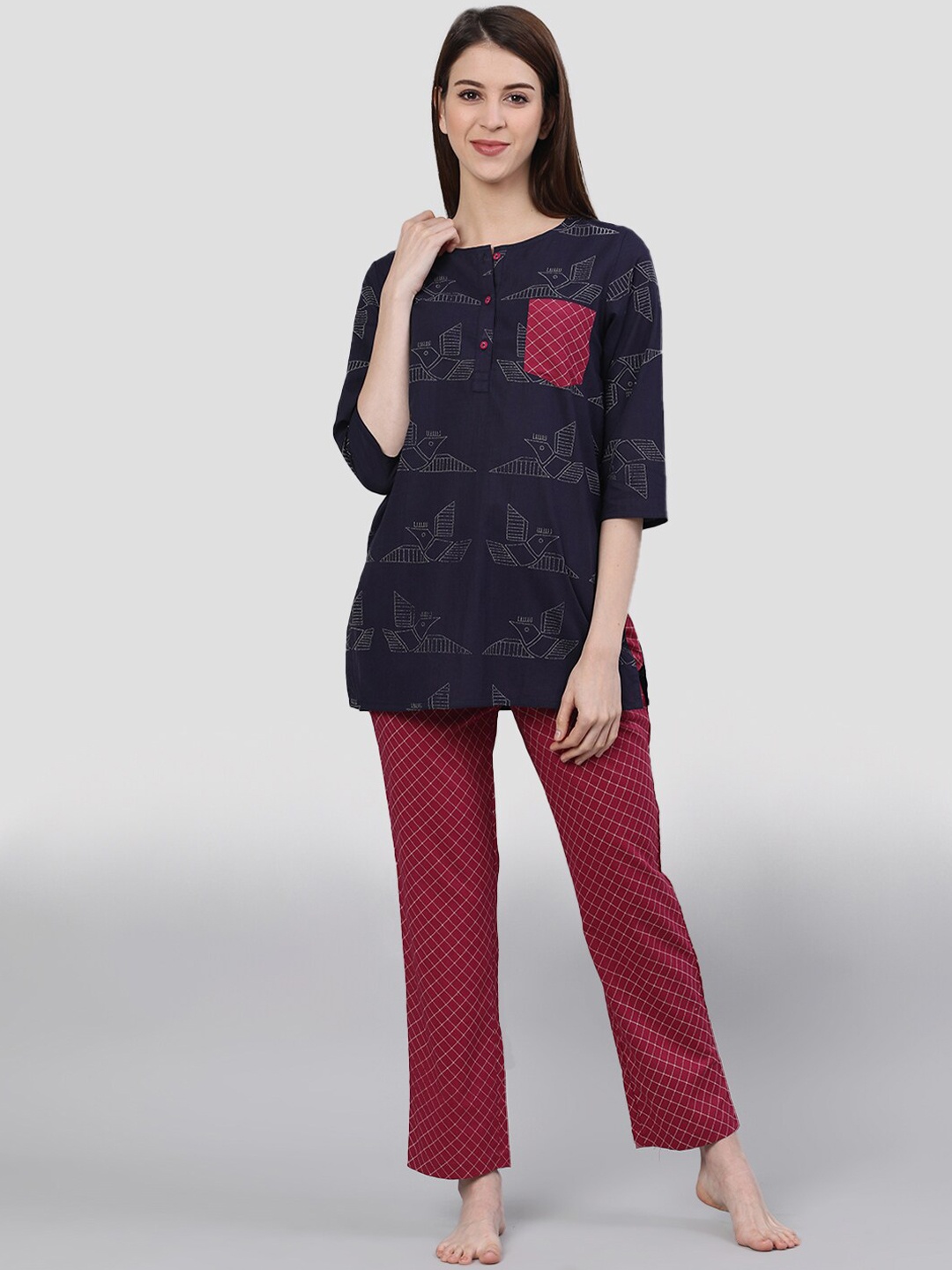 Jaipur Kurti Women Blue & Magenta Printed Night suit