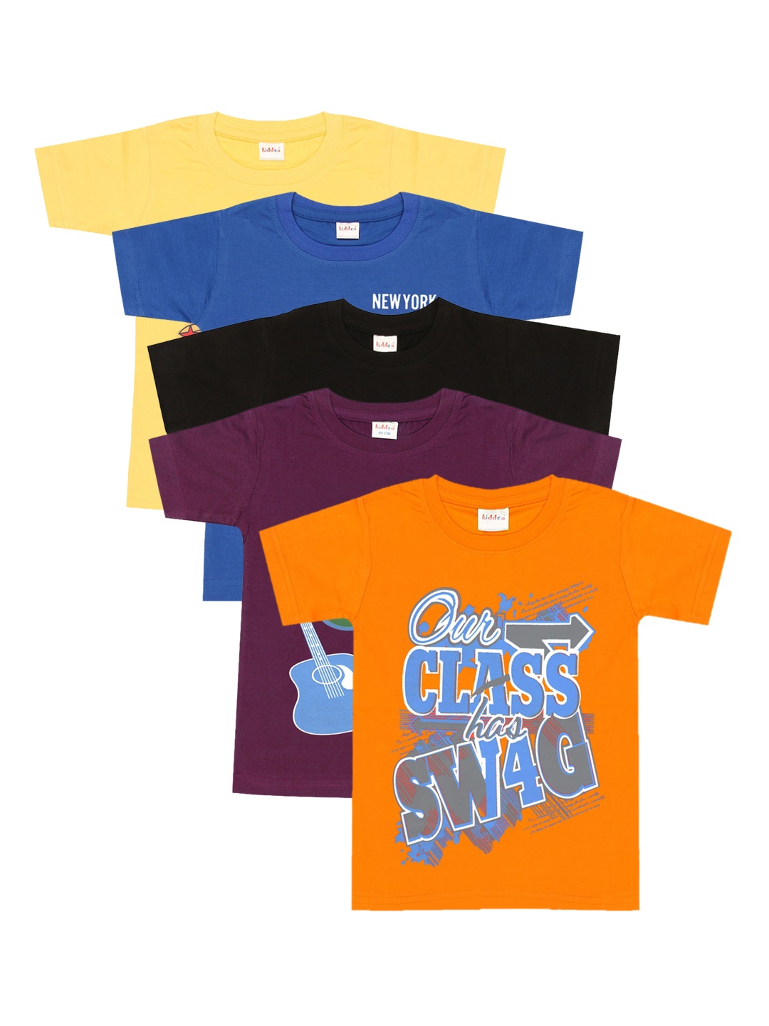 Kiddeo Boys Orange Pack of 5 Printed Round Neck Cotton T-shirt