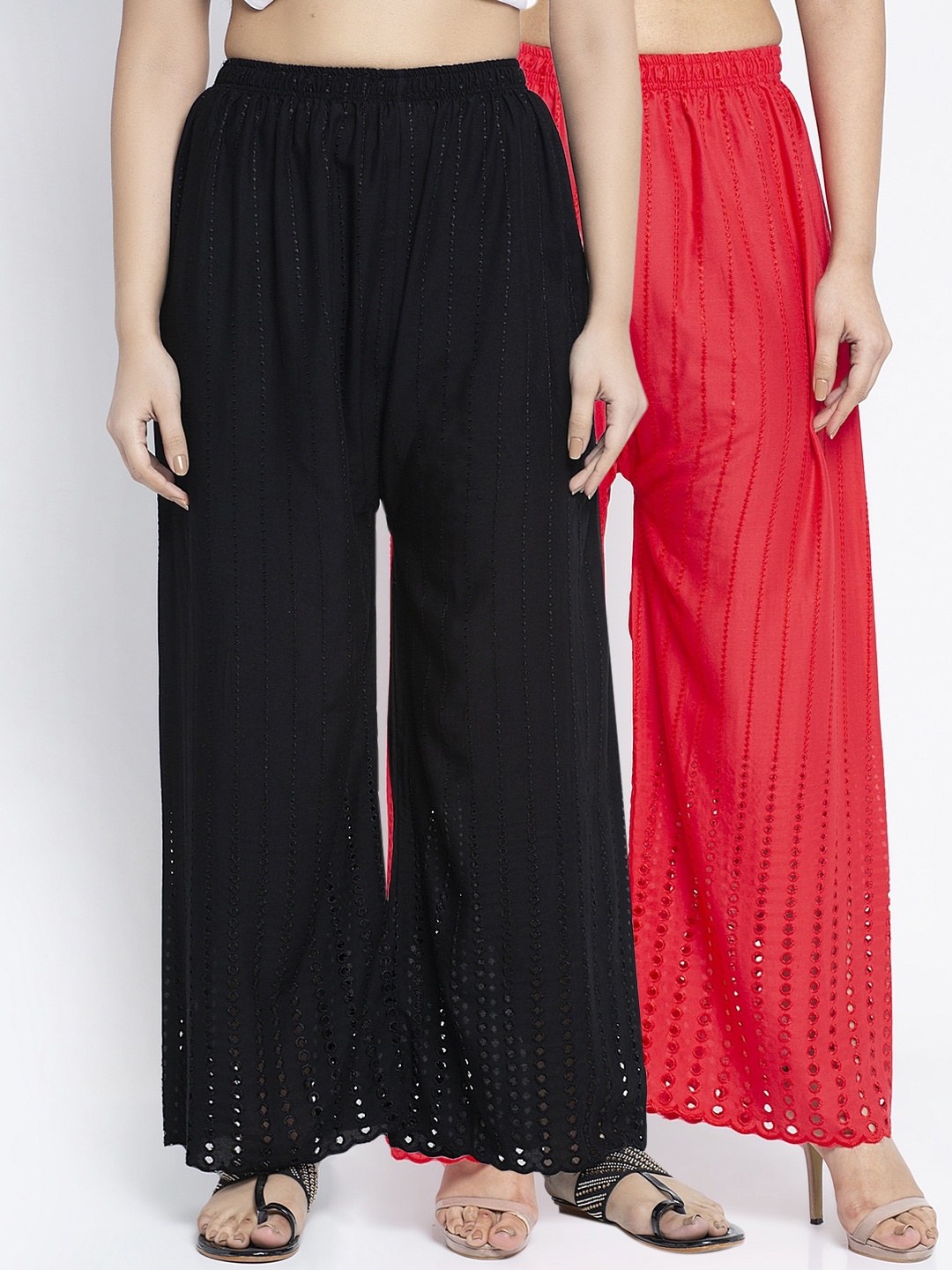 GRACIT Women Set of 2 Black & Coral Self Design Flared Palazzos