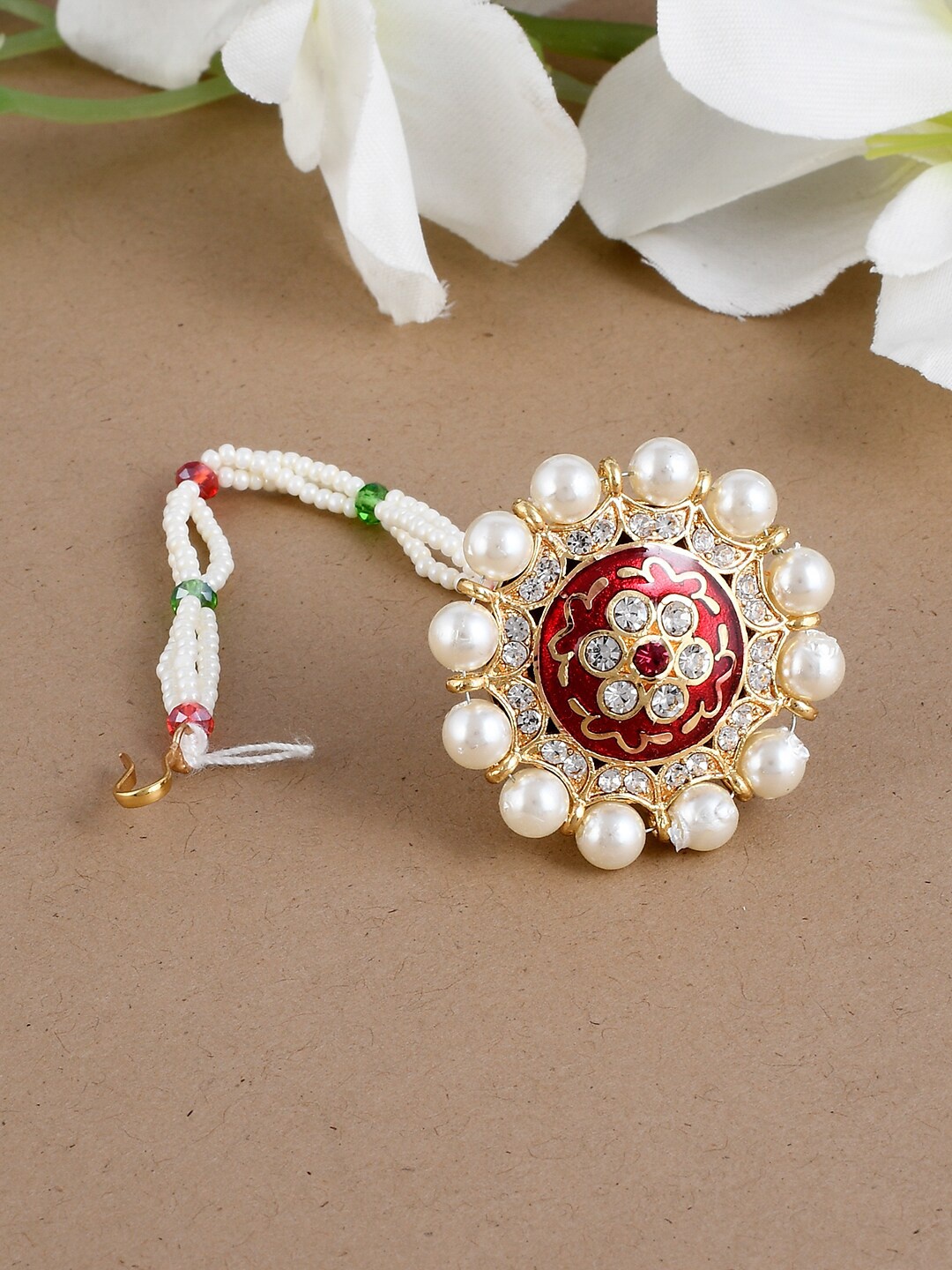 Silvermerc Designs Gold-Plated Off-White & Red Kundan-Studded & Pearl Beaded Meenakari Maang Tikka
Silvermerc Designs Gold-Plated Off-White & Red Kundan-Studded & Pearl Beaded Meenakari Maang Tikka