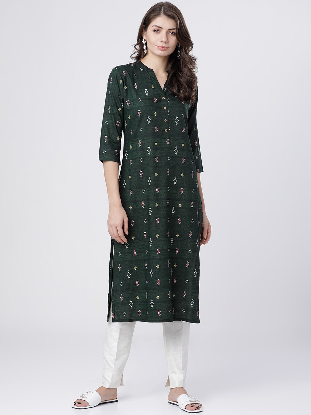 Vishudh Women Green & White Ethnic Motifs Printed Kurta
