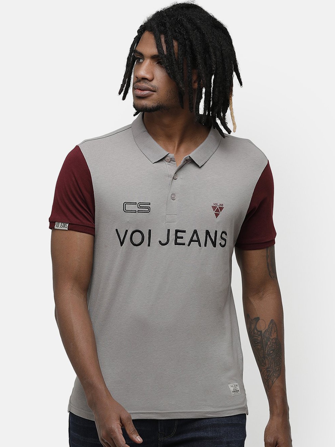 Voi Jeans Men Grey Brand Logo Print Polo Collar T-shirt