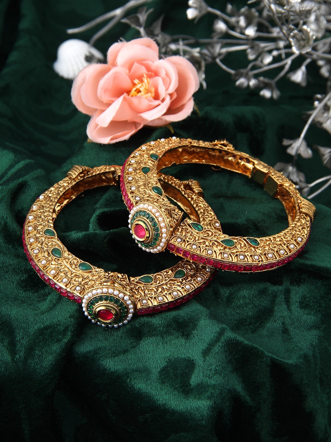 Adwitiya Collection Set of 2 24K Gold-Plated Pink & Green Stone-Studded Handcrafted Bangles
Adwitiya Collection Set of 2 24K Gold-Plated Pink & Green Stone-Studded Handcrafted Bangles