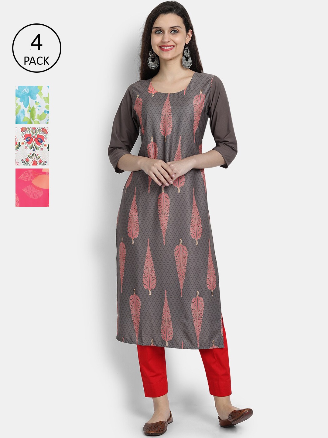 7Threads Women Pack of 4 Ethnic Motifs Printed Crepe Kurta, Multi