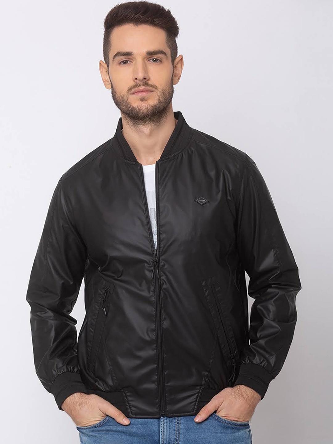 SPYKAR Men Black Colourblocked Biker Jacket