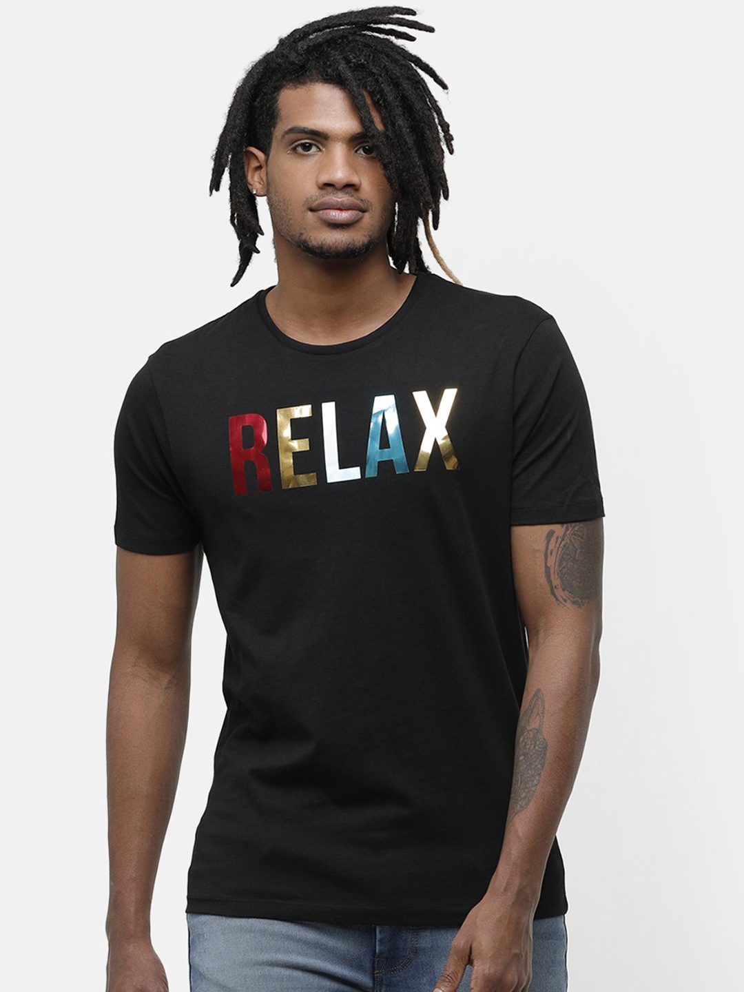 Voi Jeans Men Black Printed Round Neck Cotton Pure Cotton T-shirt