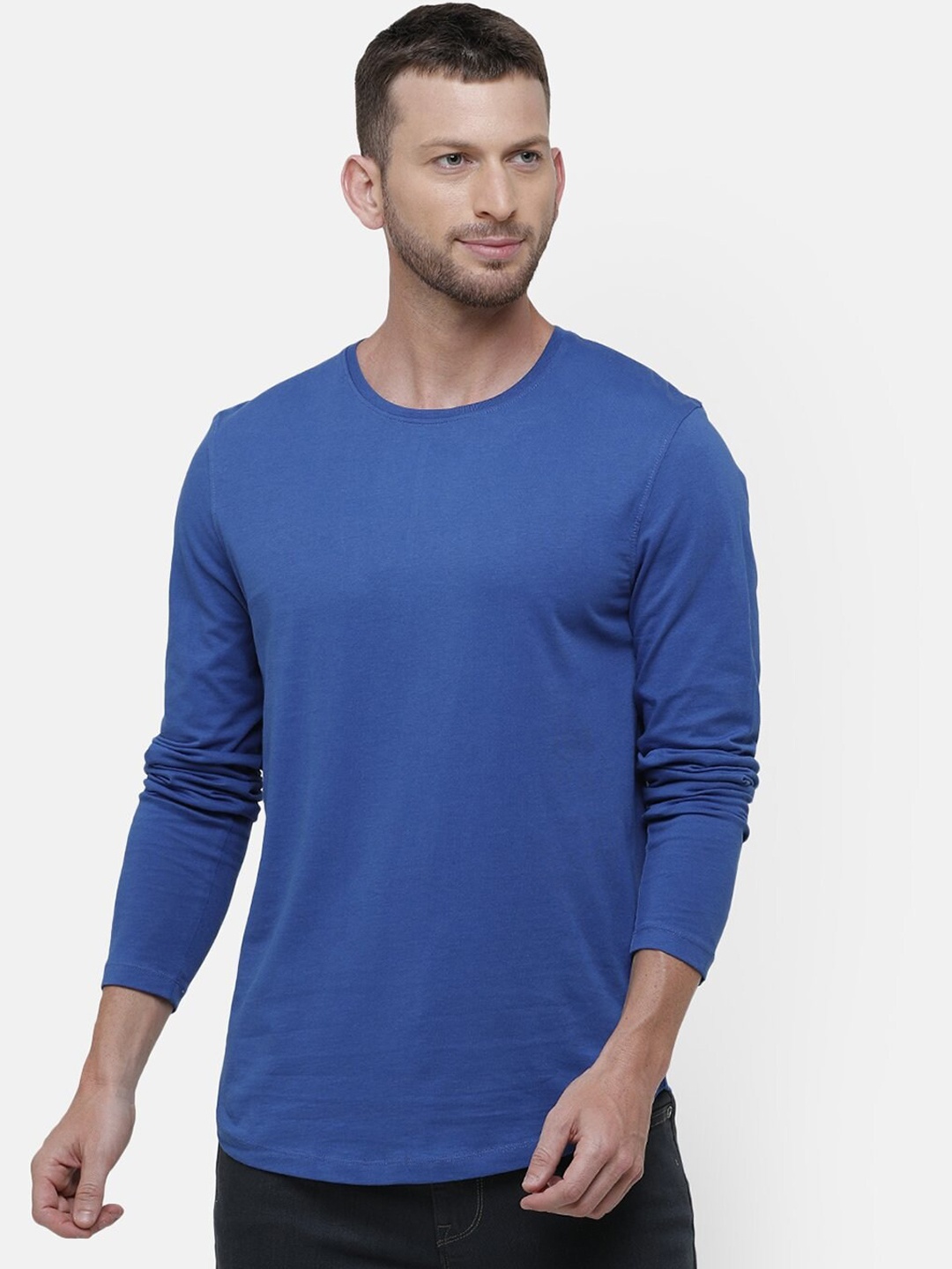 Voi Jeans Men Blue Solid Round Neck Cotton Pure Cotton T-shirt
