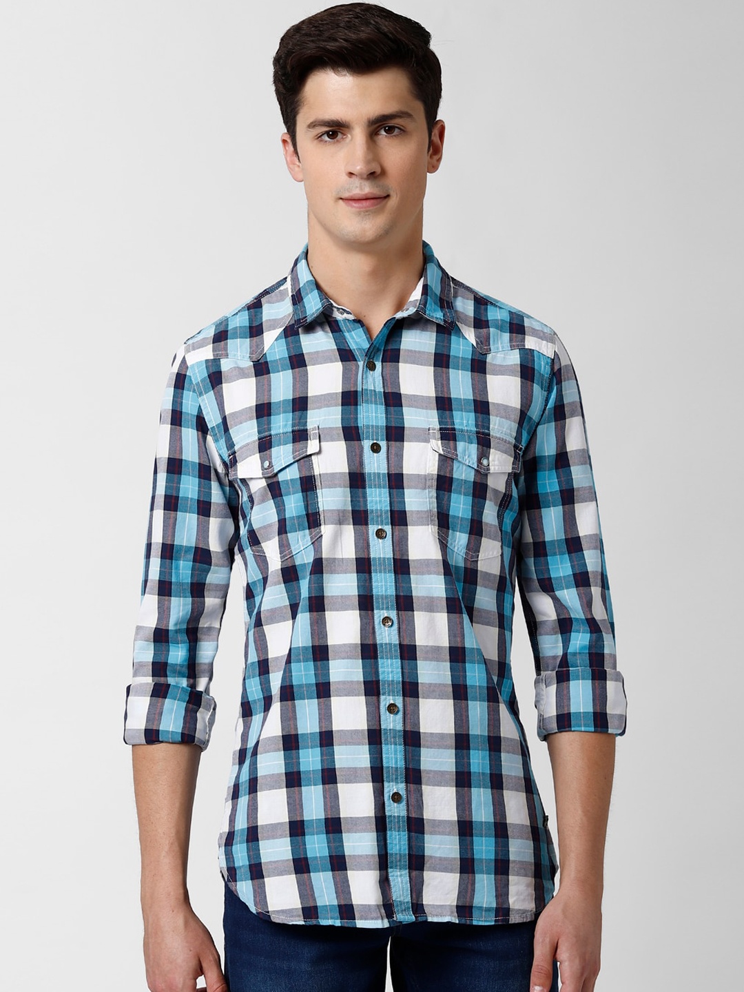 Peter England Casuals Men Blue & White Slim Fit Checked Cotton Casual Shirt