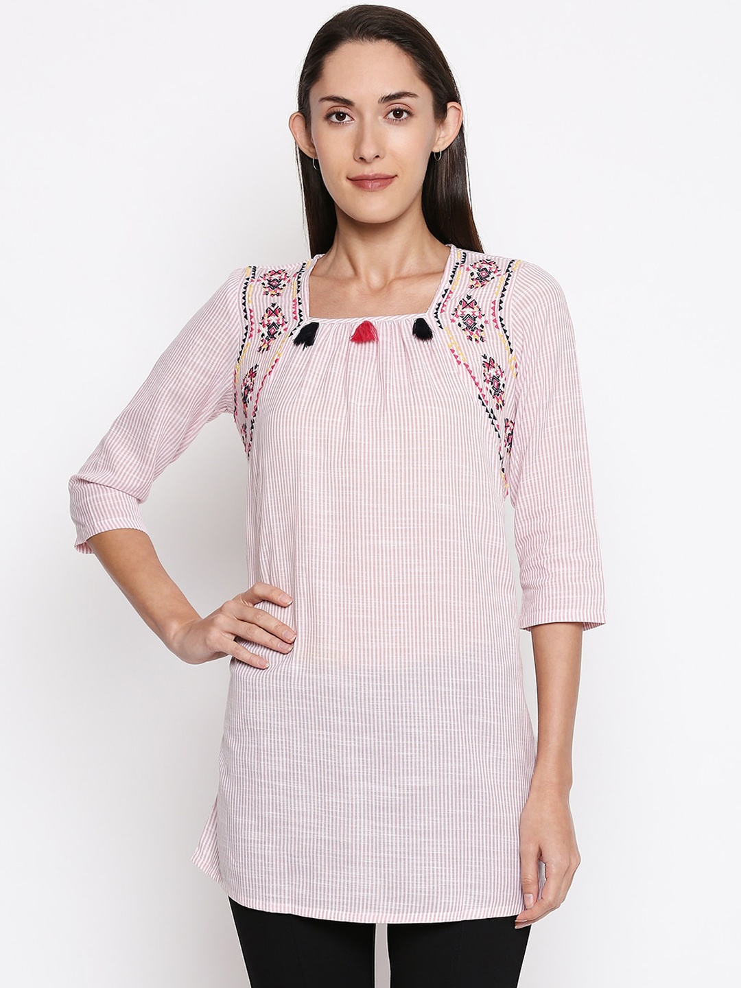 People Pink & White Striped Pure Cotton Regular Top
