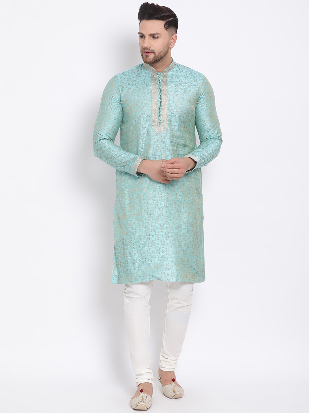 Sanwara Men Blue & White Self Design Kurta with Pyjamas