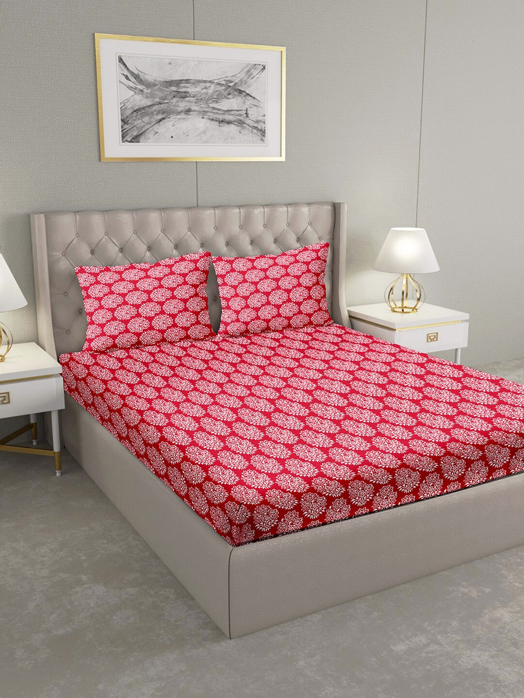 BELLA CASA Red & White Ethnic Motifs 124 TC Cotton 1 Extra Large Bedsheet with 2 Pillow Covers
BELLA CASA Red & White Ethnic Motifs 124 TC Cotton 1 Extra Large Bedsheet with 2 Pillow Covers