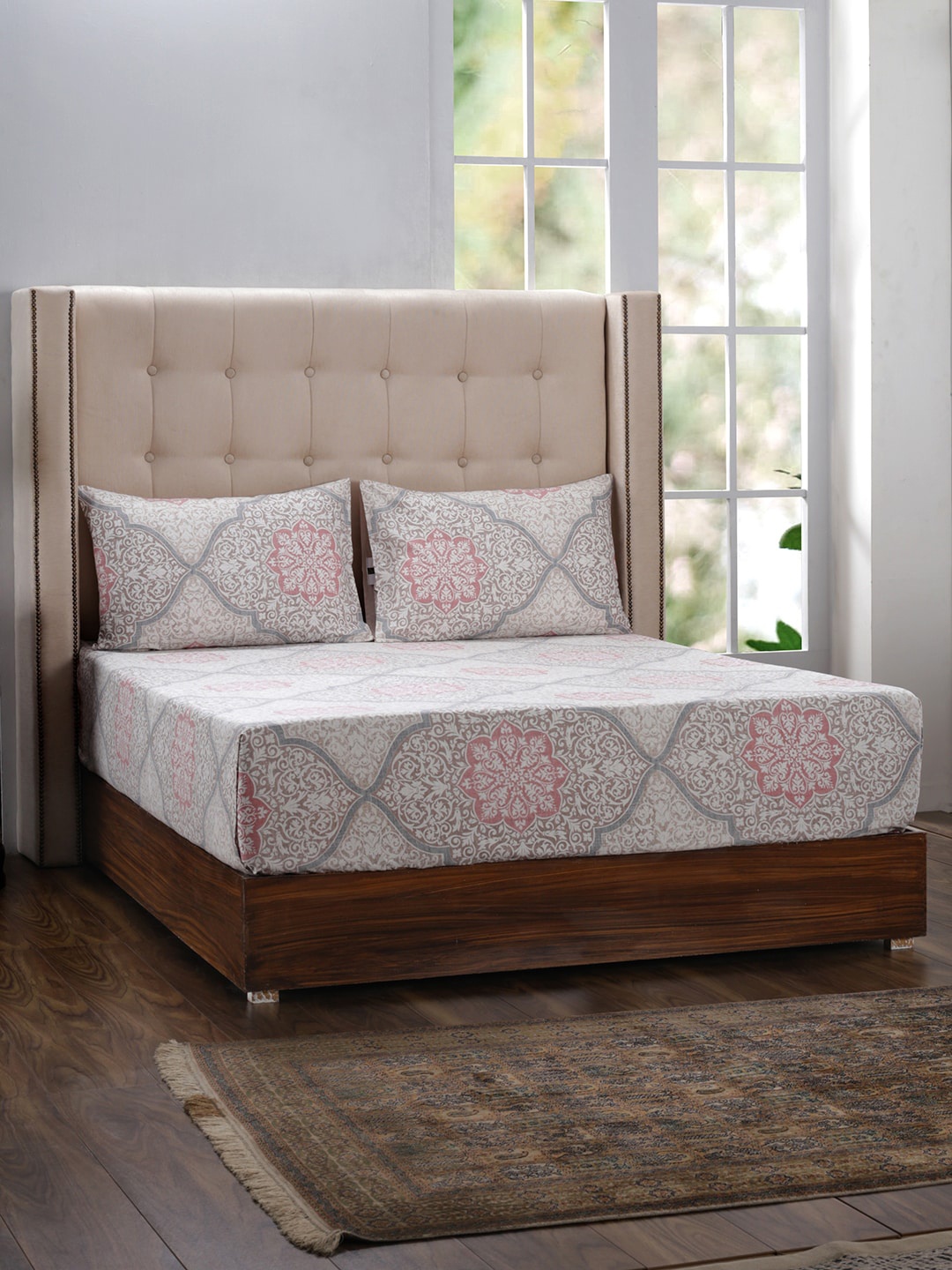 MASPAR Peach-Coloured & Grey Melange Ethnic Motifs 400 TC Cotton 1 King Bedsheet with 2 Pillow Covers
MASPAR Peach-Coloured & Grey Melange Ethnic Motifs 400 TC Cotton 1 King Bedsheet with 2 Pillow Covers