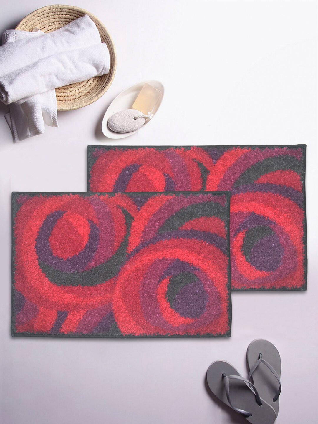 BIANCA Set Of 2 Red & Purple Printed 1850 GSM Anti-Skid Bath Rugs