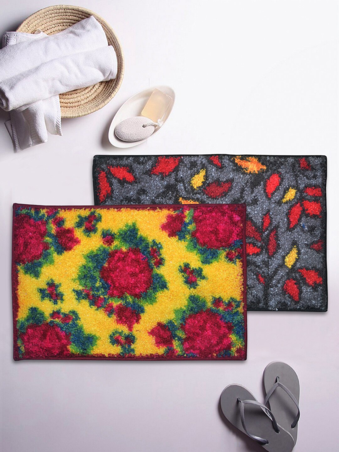 BIANCA Set Of 2 Floral Anti-Slip Bath Rugs, Grey