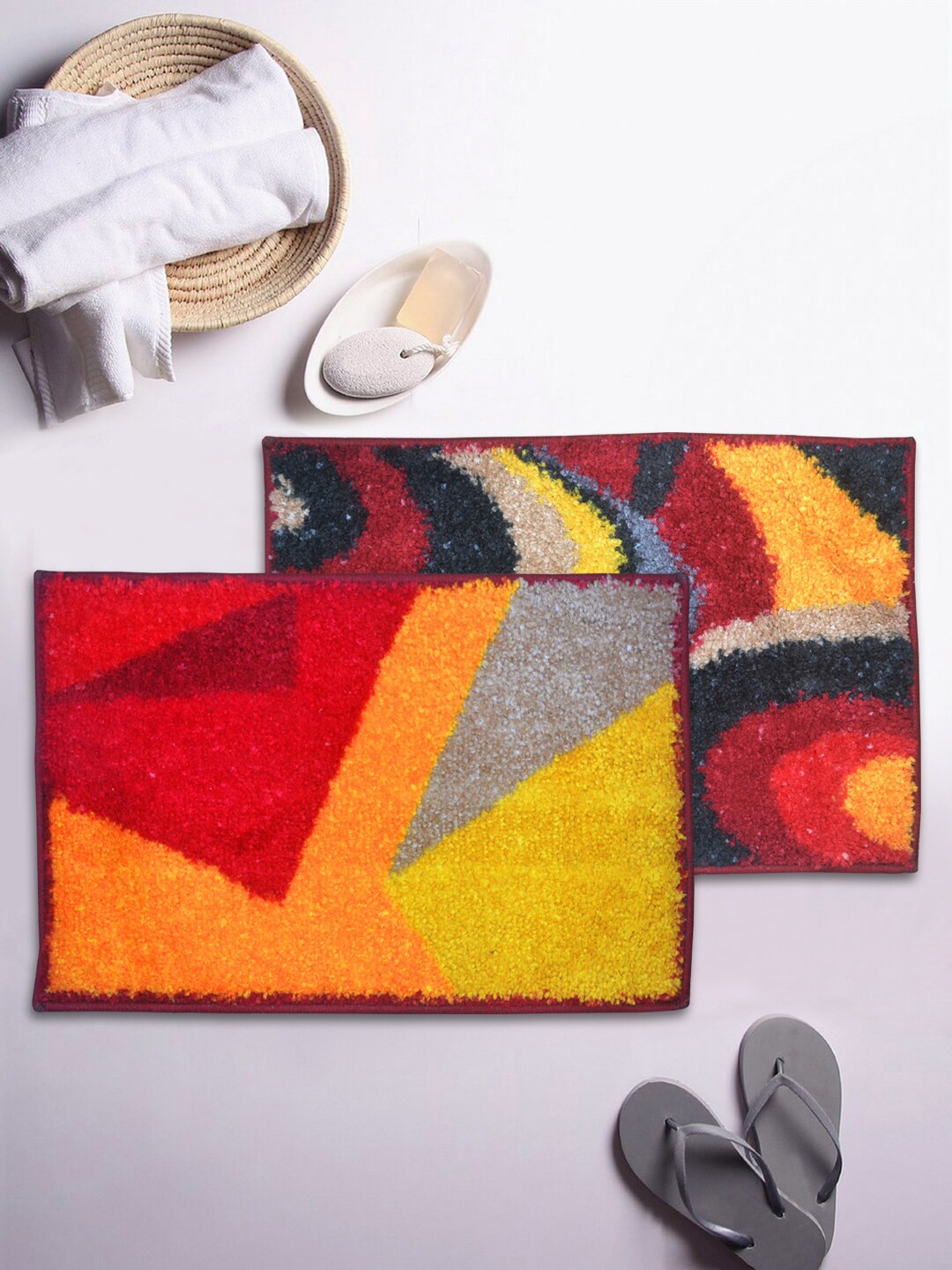 BIANCA Set of 2 Printed Anti-Skid Super-Dry Bath Rugs, Red