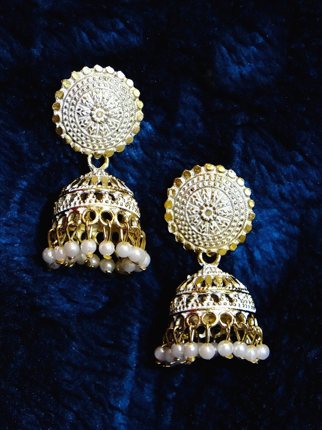 Crunchy Fashion White & Gold-Toned Dome Shaped Jhumkas