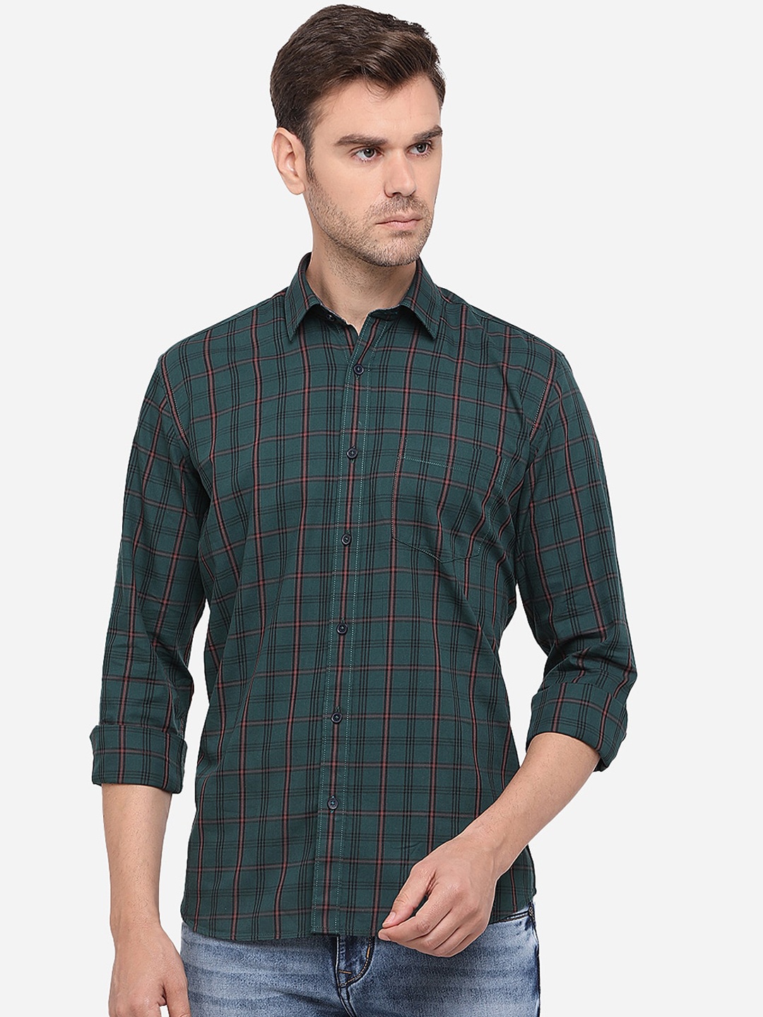 Greenfibre Men Green & Pink Slim Fit Checked Pure Cotton Casual Shirt