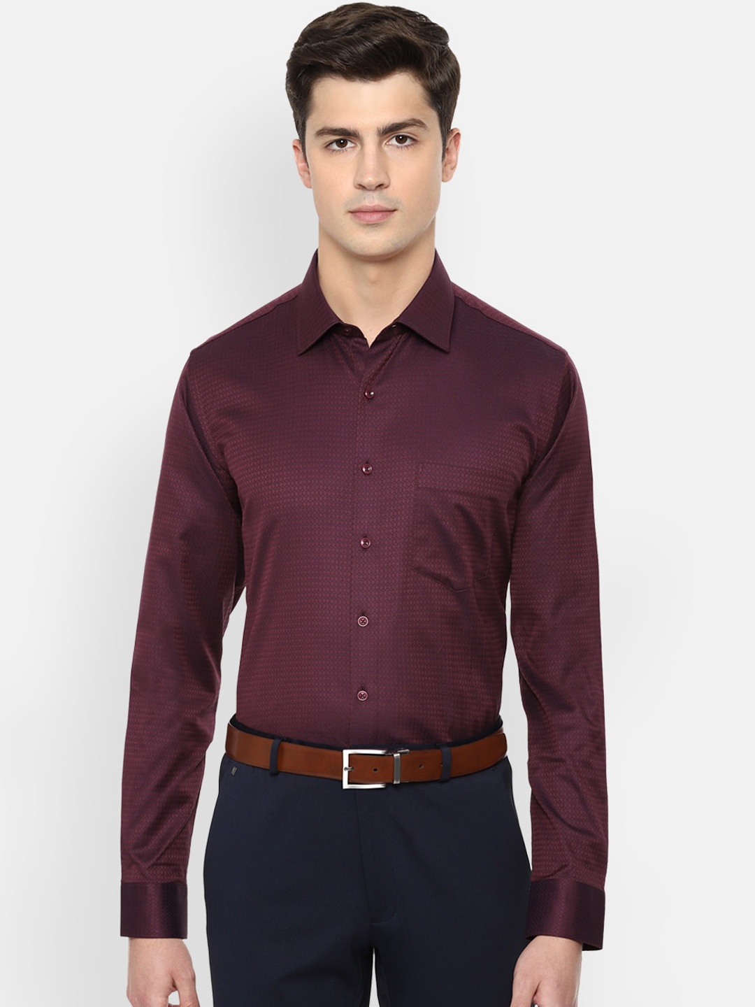 Van Heusen Men Maroon Slim Fit Self Design Cotton Formal Shirt