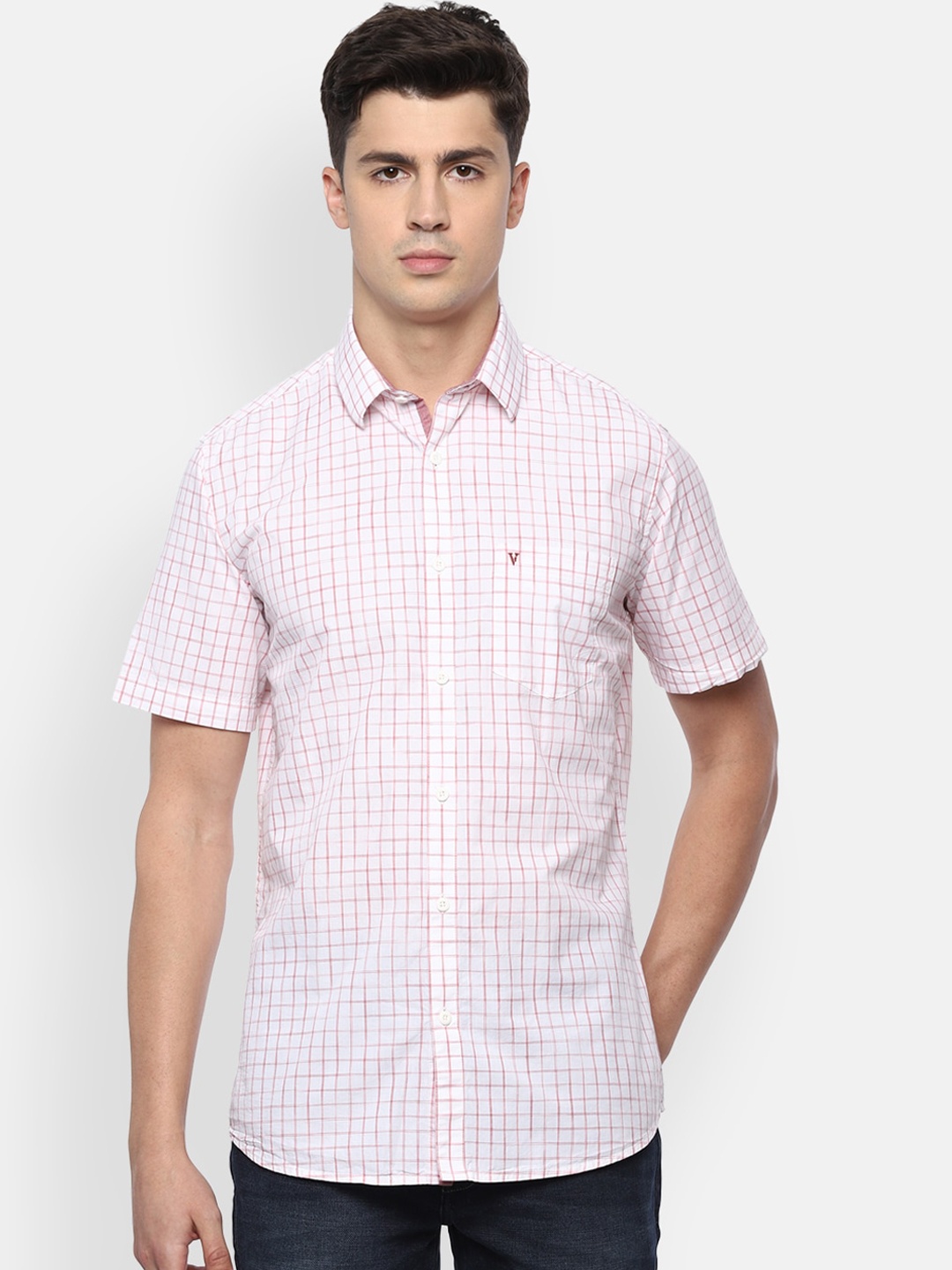 Van Heusen Sport Men White & Pink Regular Fit Checked Cotton Casual Shirt