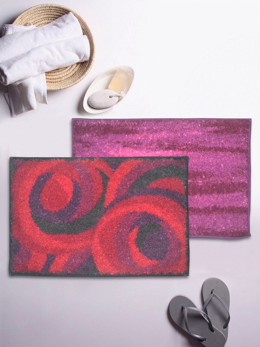 BIANCA Set Of 2 Printed Microfibre Anti-Skid Bath Rugs, Purple