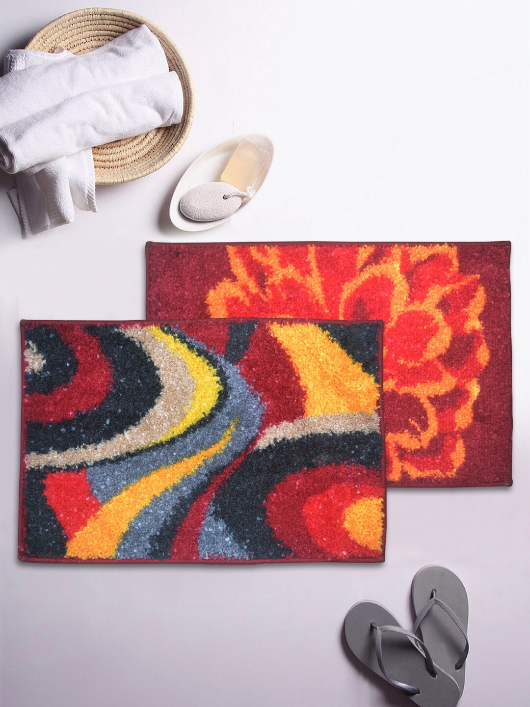 BIANCA Set of 2 Printed Anti-Skid Rectangular Bath Rugs With Rubber Back, Multi