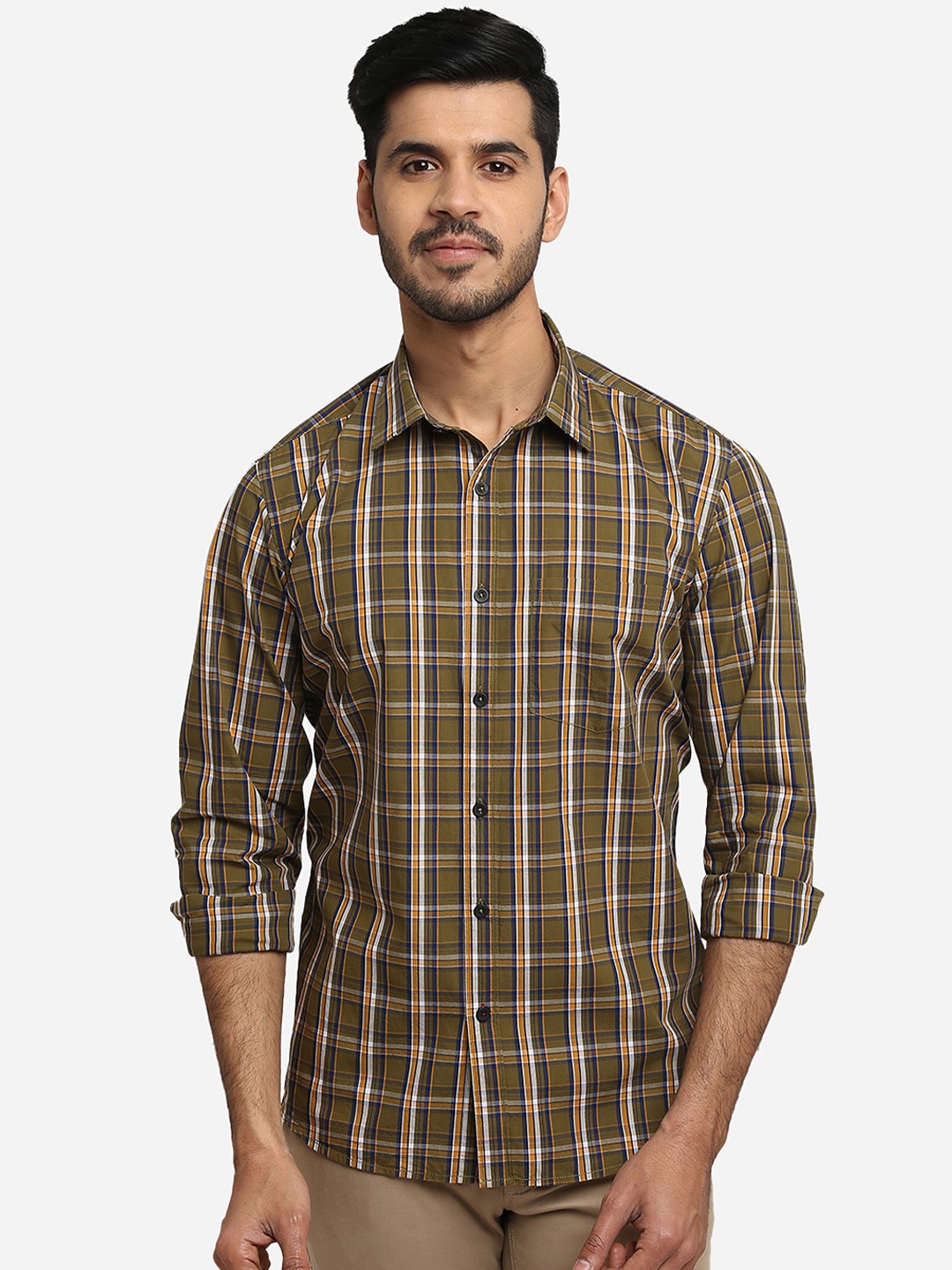 Greenfibre Men Olive Green & Blue Regular Fit Checked Cotton Casual Shirt
